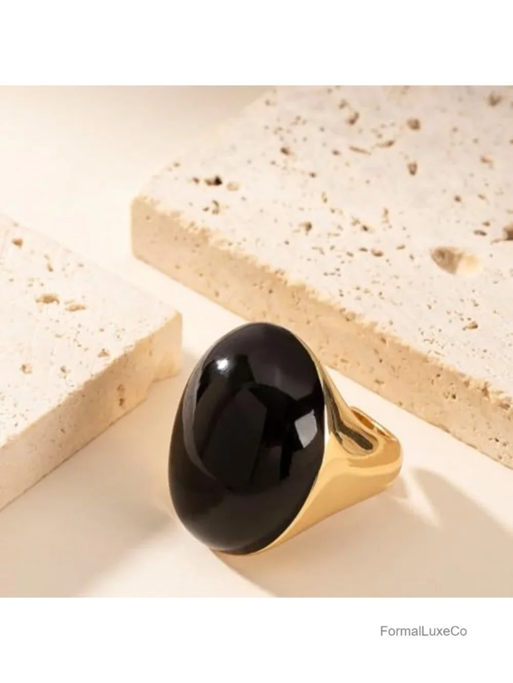 Gold Plated Geometric Oval Statement Ring Adjustable Minimalist Dome Cocktail